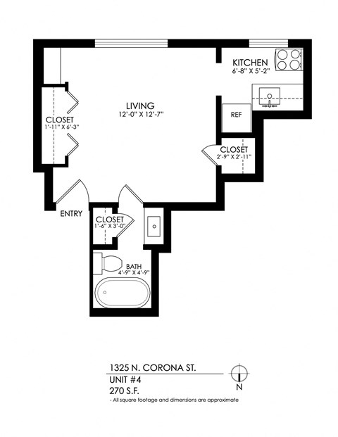 Floor plan for studio, 1 bath, 290 sqft